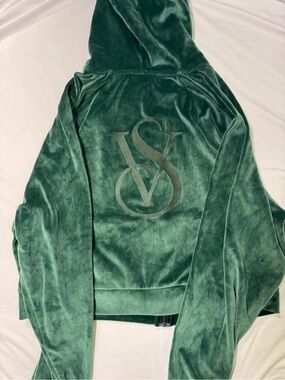 Victoria's Secret Y2K Emerald Green Velour Crop Hoodie Jacket, Medium